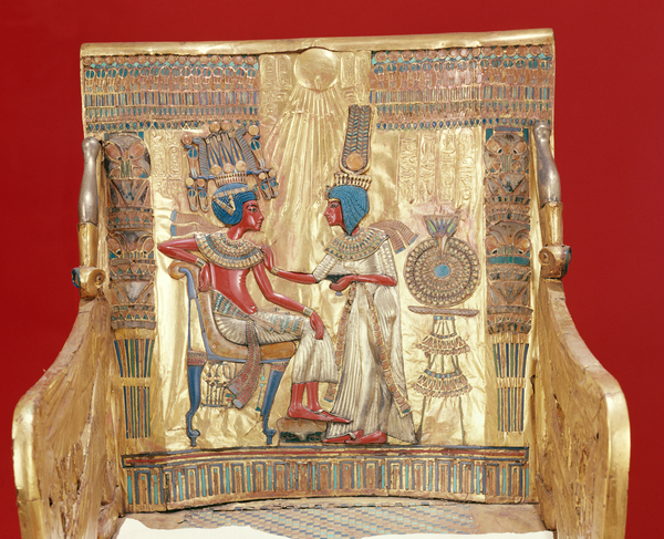 Image of the , Throne, from the Tomb of Tutankhamun (c.1370-1352 BC) New Kingdom (gold), King seated, anointed by wife Ankhesenamun; Egyptian 18th Dynasty (c.1567-1320 BC) / Egyptian, Egyptian National Museum, Cairo, Egypt, Photo © Boltin Picture Library / Bridgeman Images