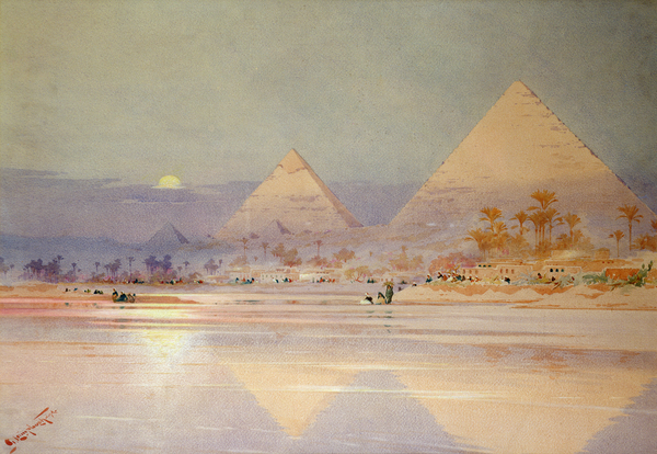 Image of , The Pyramids at dusk (w/c on paper), Lamplough, Augustus Osborne (1877-1930) / English, 50.6x73.6 cms, © Christopher Wood Gallery, London, UK / Bridgeman Images 