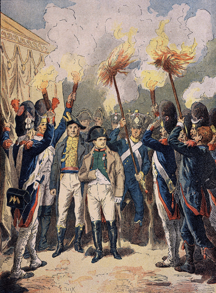 Image of Napoleon and his army, in December 1805, the eve of Austerlitz, Napoleon's soldiers have wooden sticks of fire in their hands, Napoleon is contemplating his next wise decision. Unknown Artist, (19th century)/ Private Collection © Stefano Bianchetti / Bridgeman Images 