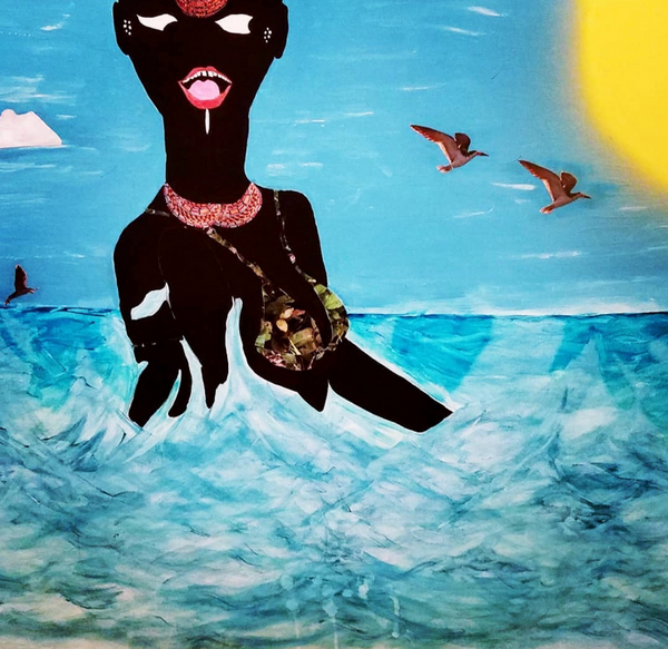 Spiritual Freedom, Layone, Keshida, Private Collection, Collage, acrylic, watercolor ,spray paint, 2019, 48x48 cms, © Keshida Layone / Bridgeman Images