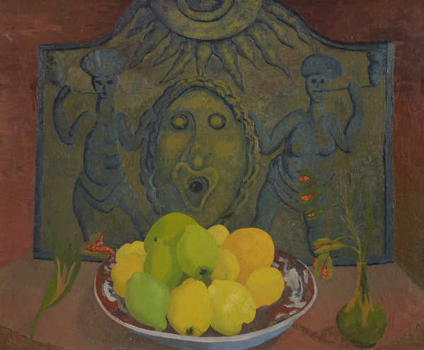 Still life before Sussex fireback (oil on canvas), Morris, Cedric (1889-1982) / Welsh, Ipswich Borough Council Museums and Galleries, Suffolk, UK, 79x97 cms, © Colchester & Ipswich Museums Service / Bridgeman Images