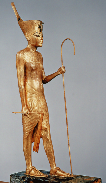 Image of Statuette of the king wearing the red crown of the north, from the tomb of Tutankhamun (c.1370-52 BC) New Kingdom (gilded wood), Egyptian 18th Dynasty (c.1567-1320 BC) / Egyptian, Egyptian National Museum, Cairo, Egypt, height: 75 cms, © Bridgeman Images