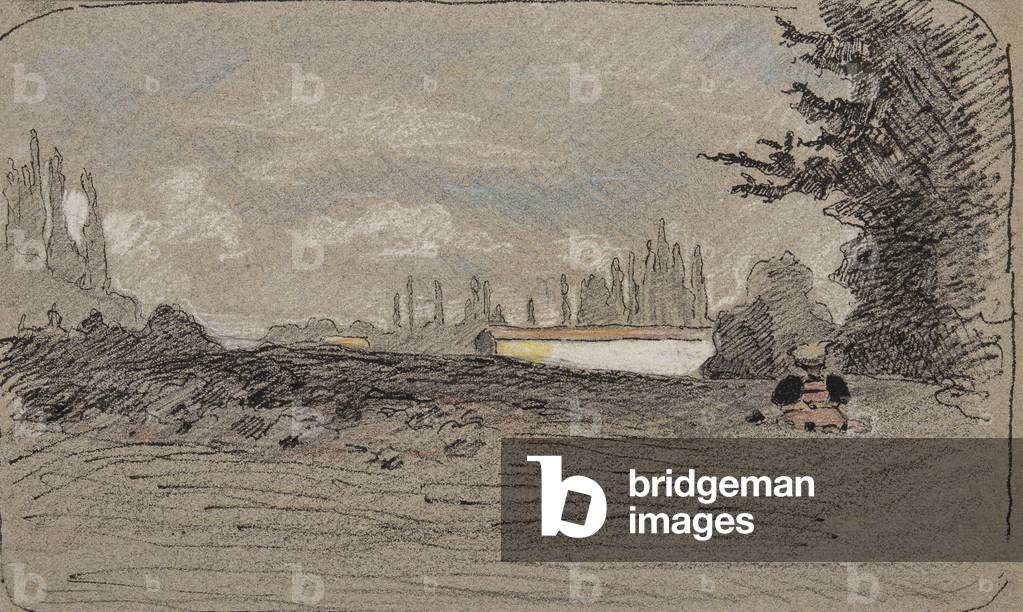 Seated in a landscape, c.1895 (pen, ink, crayons & white chalk on grey paper)