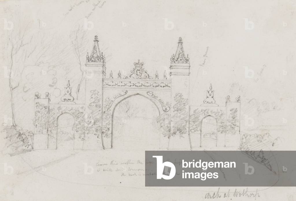 Arch at Wothorp, Cambridgeshire, erected to welcome Queen Victoria and Prince Albert en route to Burghley House, 1844 (pencil on paper)