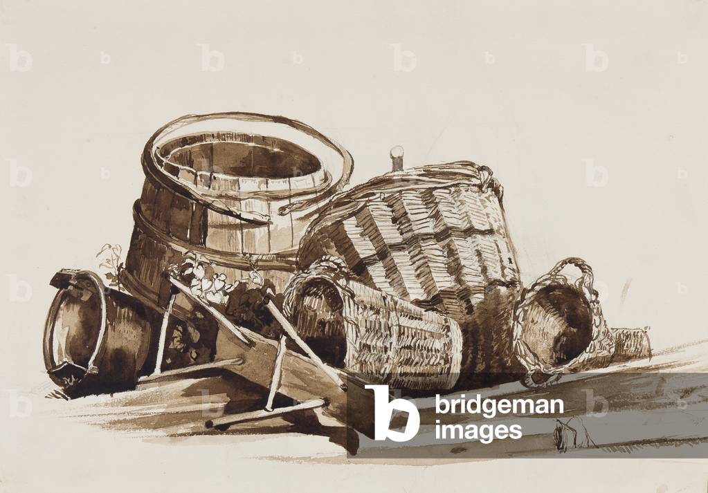 Baskets, barrels and bench, copied from a work by Achille Vianelli (1803-1894) (pencil & sepia washes on paper)