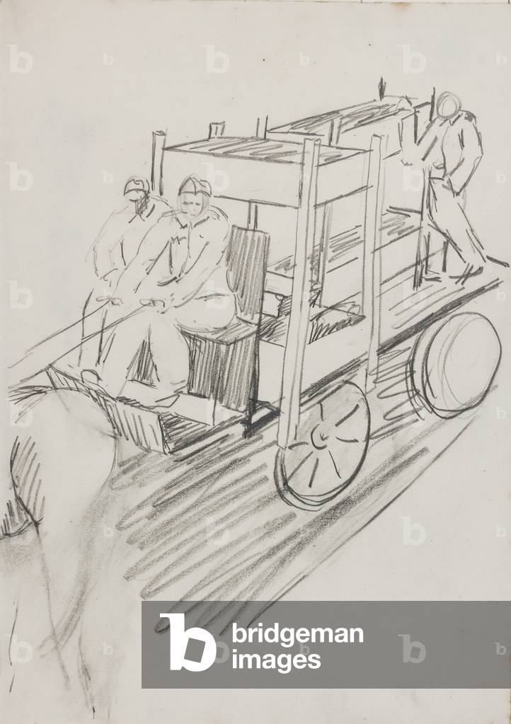 'Lubeck… where did drawings of horses and carts…', 1945 (pencil on paper)