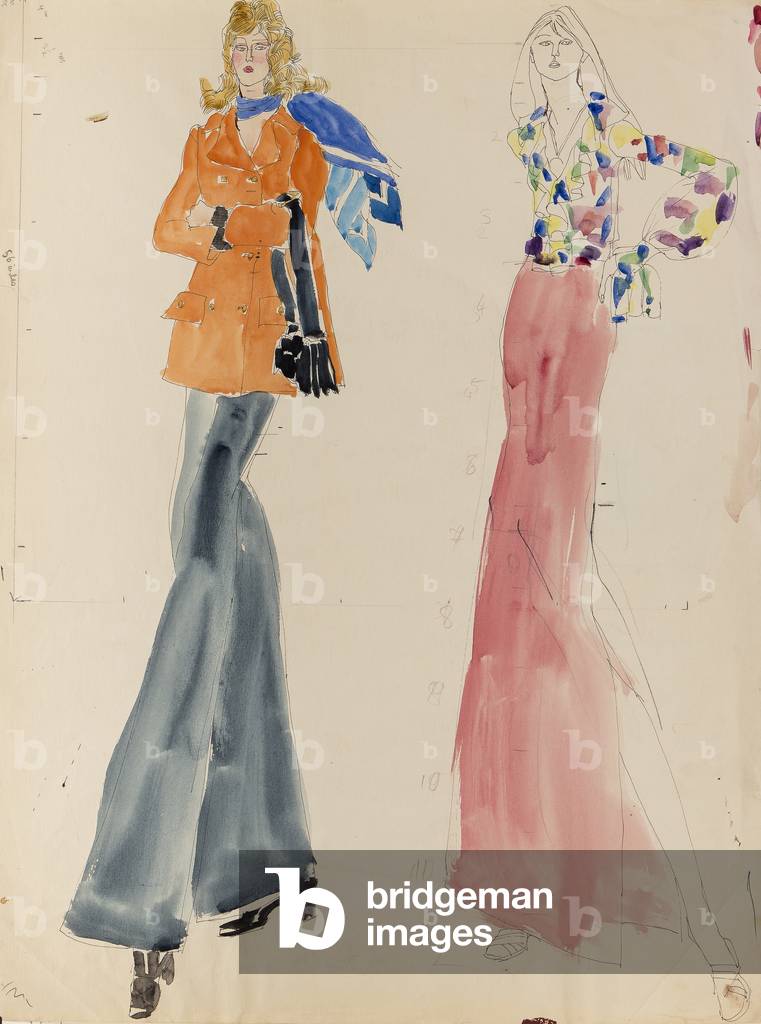 Modelling a jacket and trousers, and modelling an evening dress, c.1975 (pen, brush, ink & watercolour with pencil notations on paper)