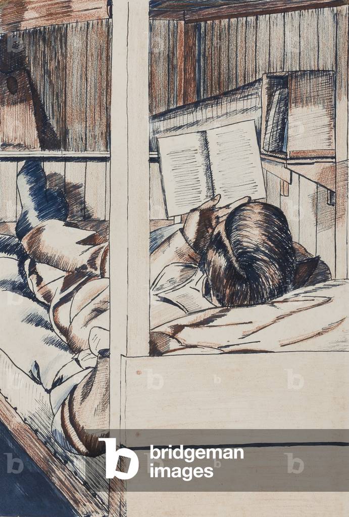 'Reading in Bunk, Sub-Lieutenant F.E.M. Arkel (sic)', Marlag O, Westertimke, Lower Saxony, 17 June 1944 (ink & crayon on paper)