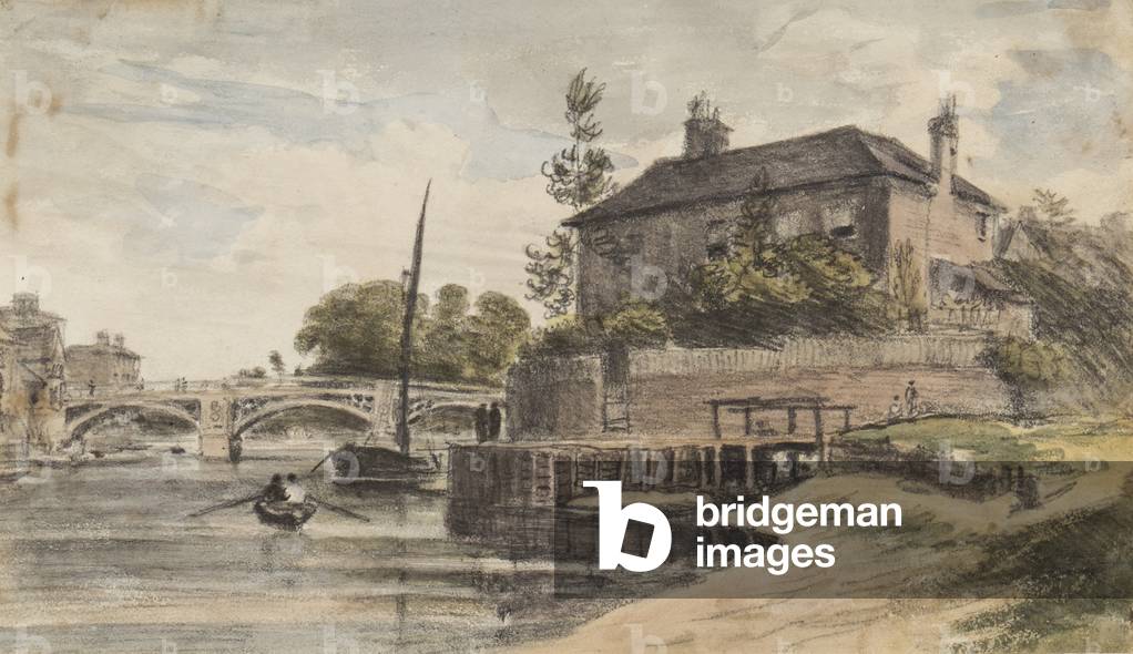 Berkshire: Windsor Bridge from the meadow going to Clewer, Mr Collins' House, Young Cramer and Blagsom in the boat, 18 July 1832 (pencil & watercolour on paper)