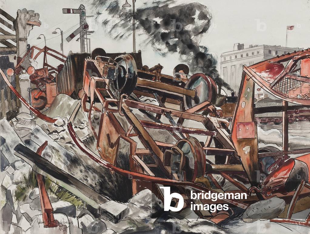 Bombed railway station, Foggia, 22nd June 1944 (ink & w/c on paper)