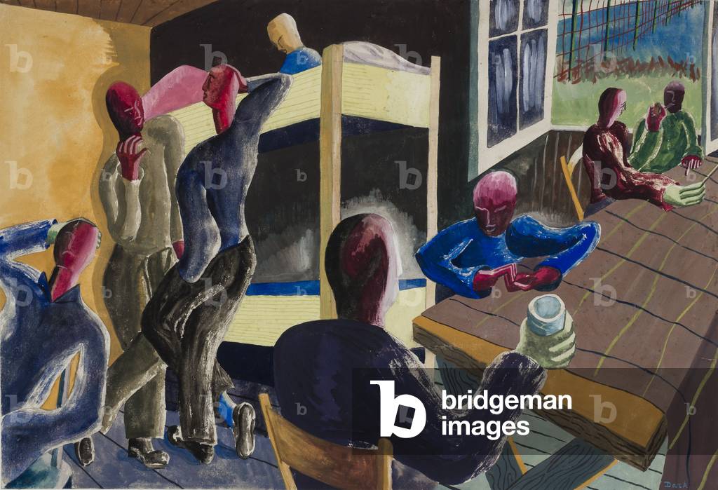 'P.O.W Conversation Piece', Marlag O, Westertimke, Lower Saxony, 1942-45 (gouache on paper) 14.75x21.75 inches.