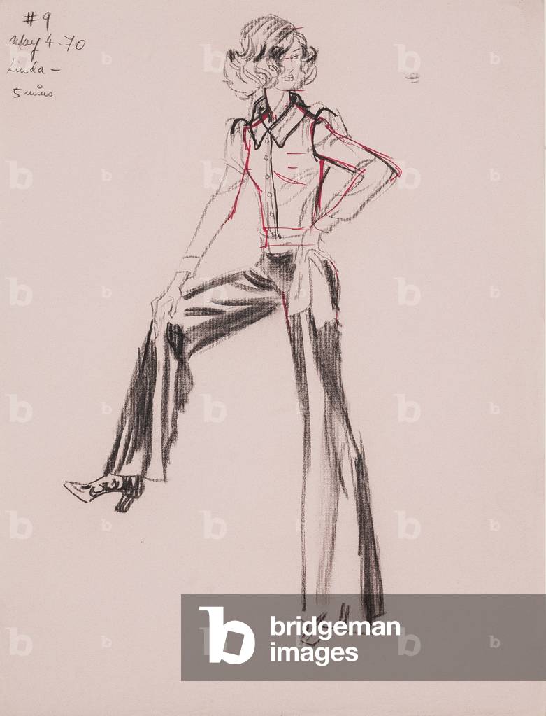 Linda modelling, 1970 (charcoal, pen & ink on pink paper)