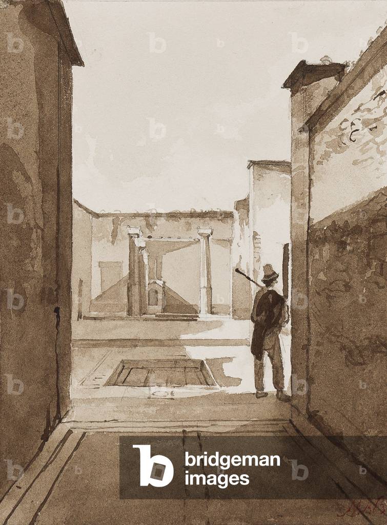 Courtyard at Pompeii, with additions by Princess Maria Annunziata di Borbone (1843-1871) (pencil & sepia washes on paper)