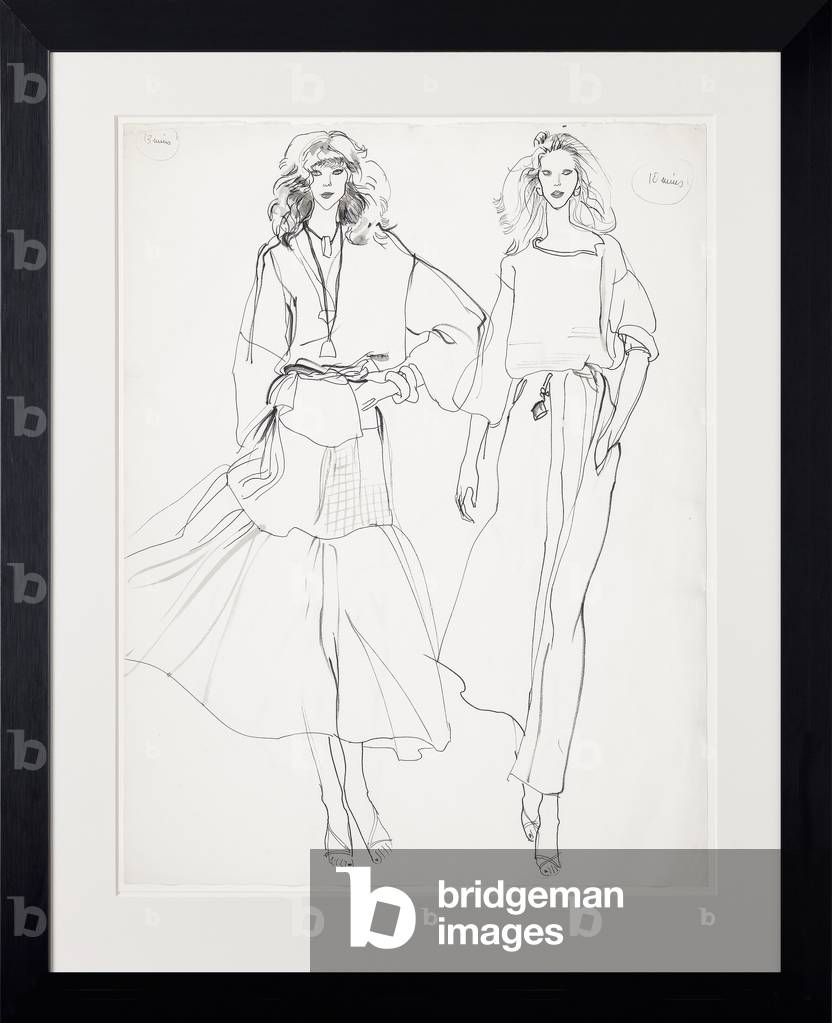 Modelling loose dresses: two poses, c.1975 (fibre-tip pen, brush & ink on paper)