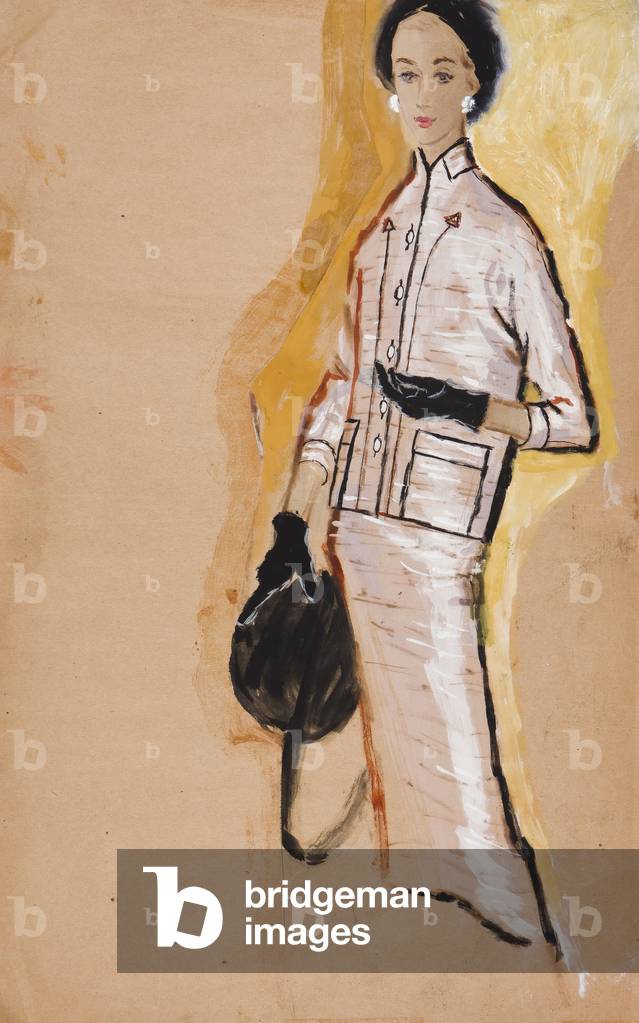 The Pink Suit with Black Accessories, c.1955 (gouache & watercolour with fibre-tip pen on tan paper)