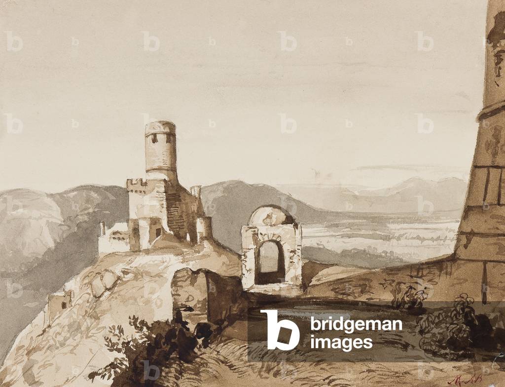 Tower and town walls, possibly above Sorrento, with additions by Princess Maria Annunziata di Borbone (1843-1871) (pencil & sepia washes)