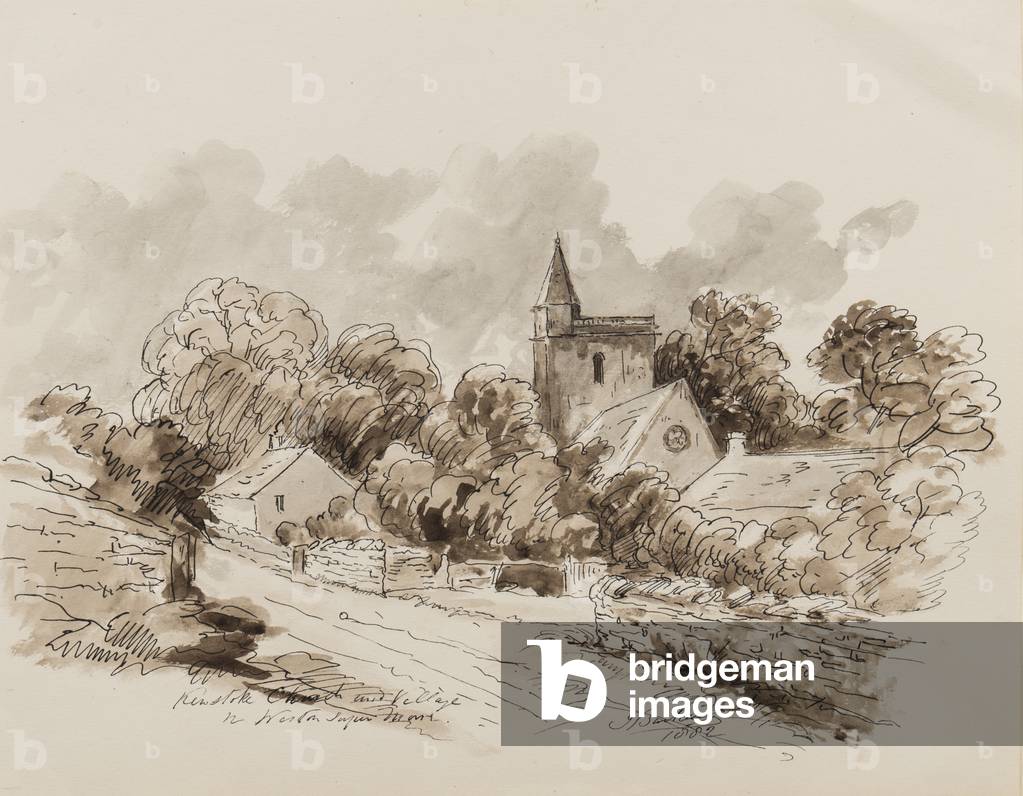 Kewstoke Church and Village, Weston Super Mare, Somerset, 1882 (pen, brush & ink on paper)