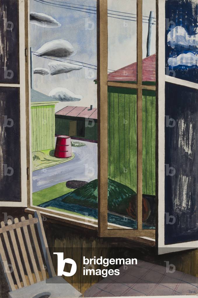'View from 'Our' Room', POW Camp Marlag O, Westertimke, Lower Saxony, 1944 (gouache on paper)
 22x15 inches