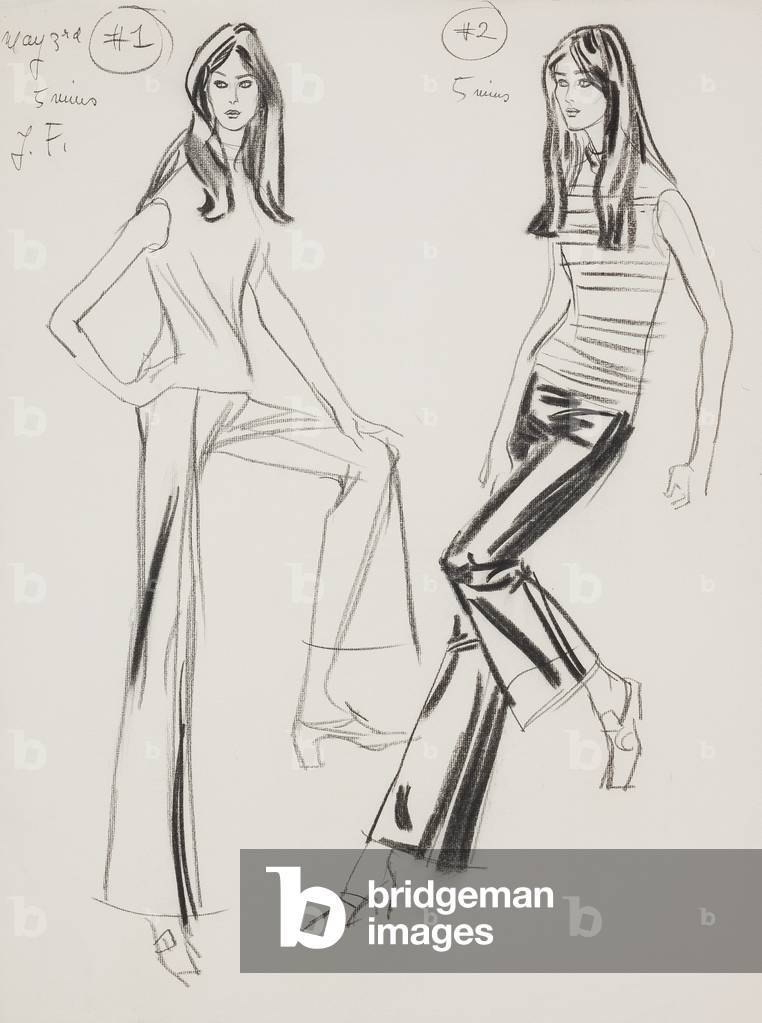 J.F. modelling slacks (crayon & charcoal on paper)