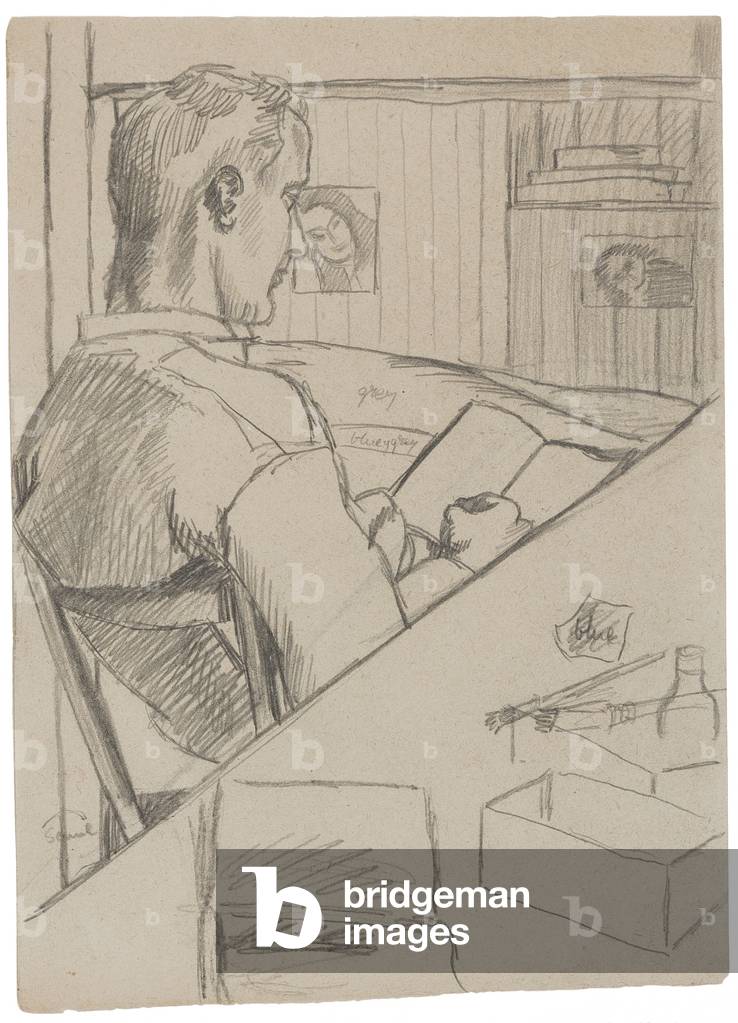 POW reading or sketching, the POW Marlag O, Westertimke, Lower Saxony, Summer 1944 (pencil on paper)