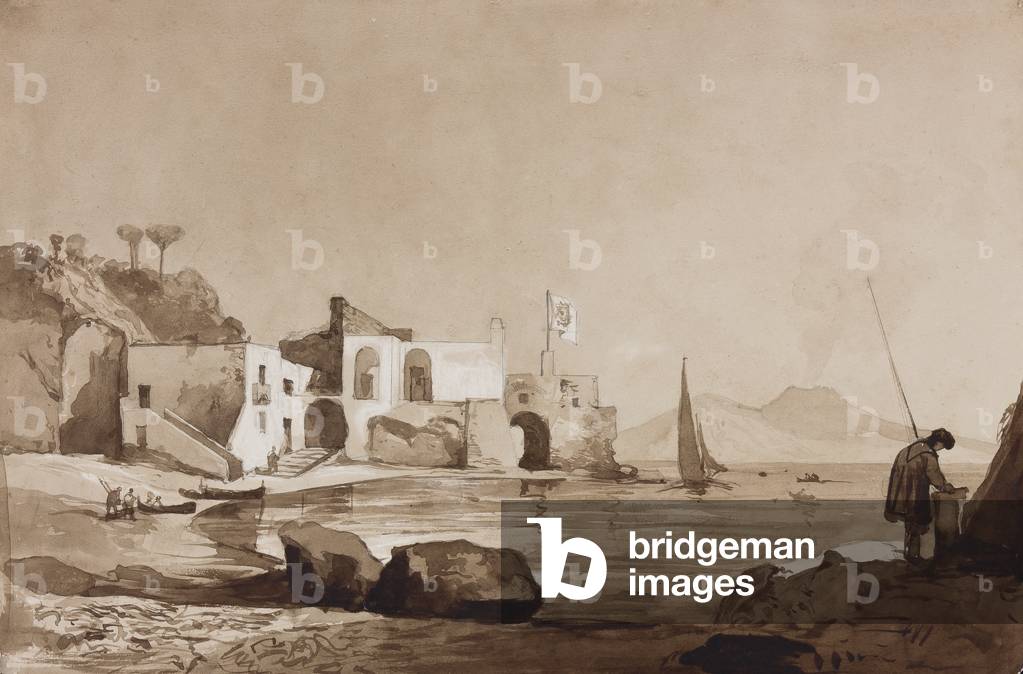 Port flying the Borbone flag with Vesuvius to the south, with additions by a Borbone pupil (pencil, sepia washes & gouache on paper)