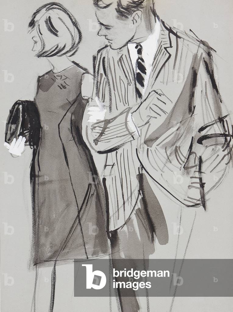 The Couple, c.1960 (charcoal, ink & gouache on blue/grey card)