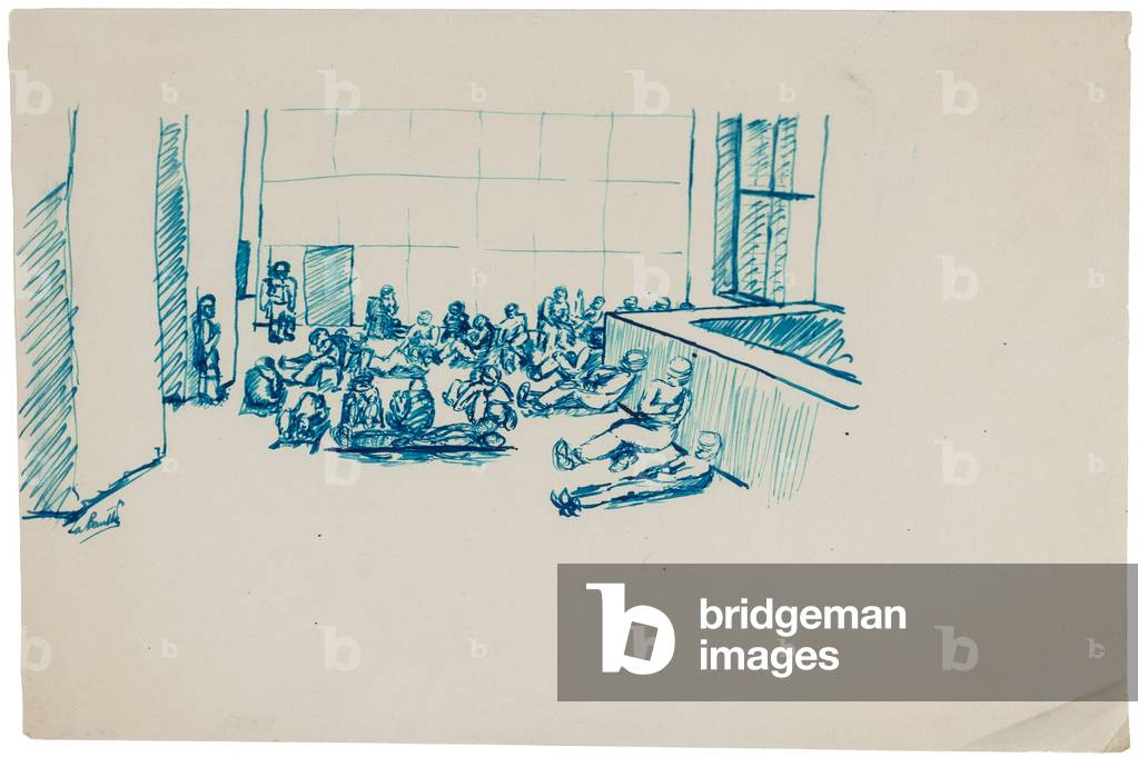 The Raid on St Nazaire: the British wounded of Operation Chariot in the foyer of L'Hermitage Hotel, La Baule, 1942 (pen & blue ink on paper)