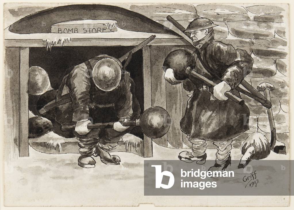 'An they told us the War would be over by Christmas, an 'ere we are carryin' puddens for Fritz instead of carryin' our own at 'ome', 1917 (pen, brush & ink on paper)