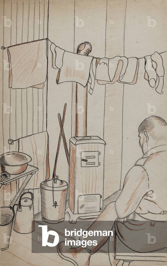 The hut stove, Marlag O, Westertimke, Lower Saxony, 1942-45 (ink & red chalk on paper)