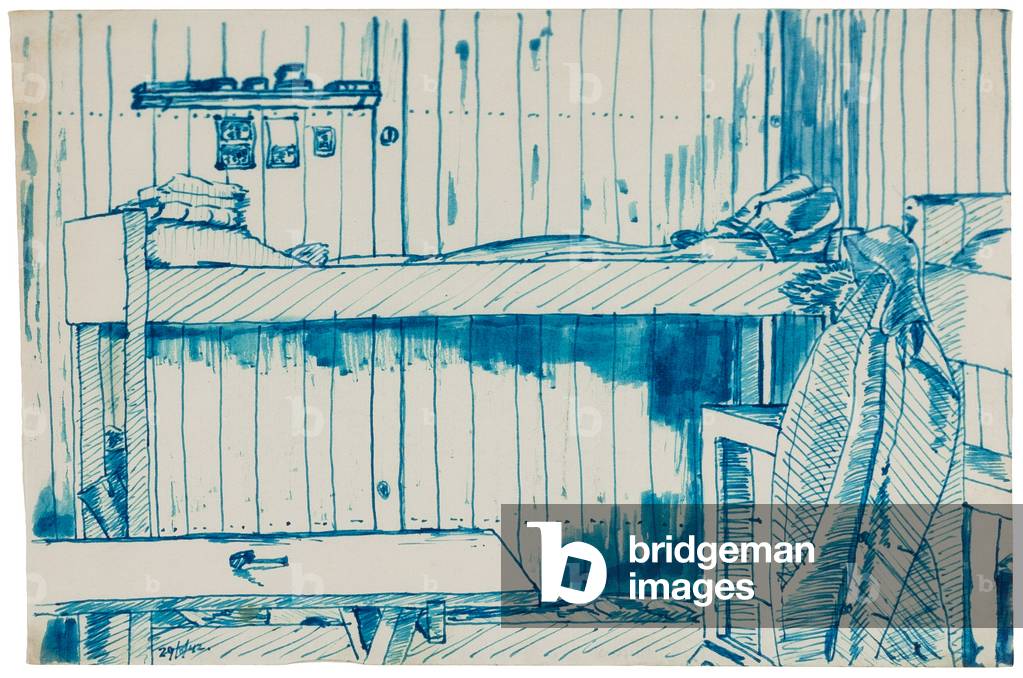 Bunk bed, the POW 'Aufnahmelager', Westertimke, Lower Saxony, 29 August 1942 (pen & blue ink on paper)