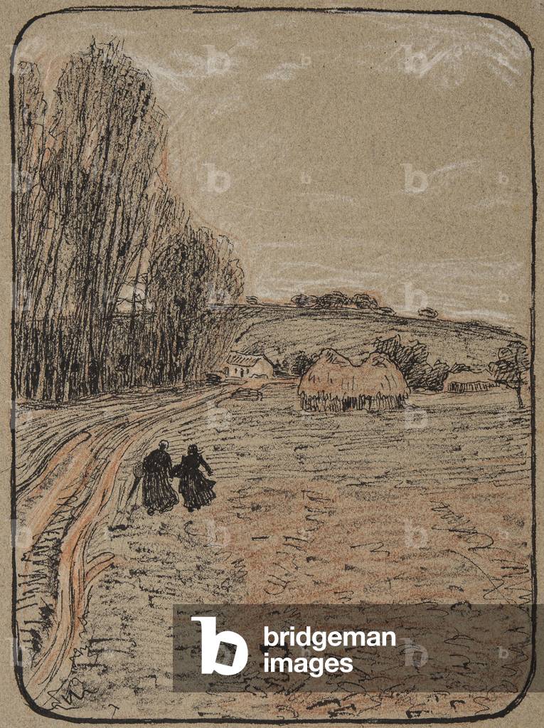 Two women returning to the farm, Northern France, c.1895 (pen, ink, black, red & white chalks on tan paper)