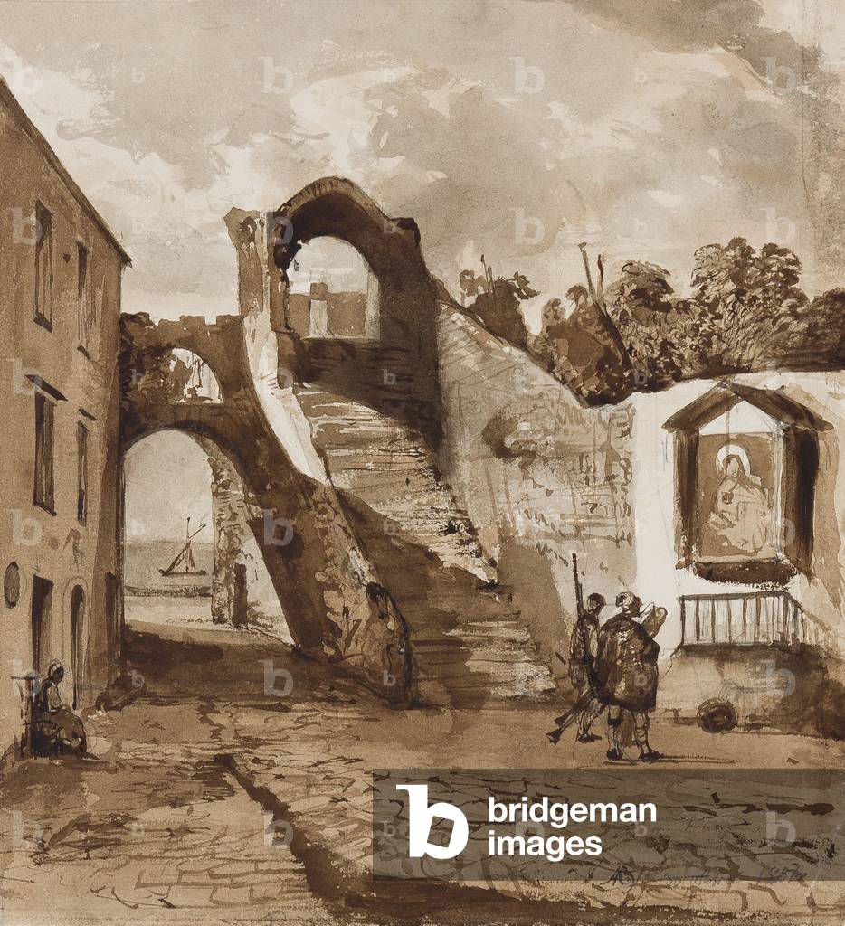 Shrine in the walls of a Neapolitan village, with additions by Prince Alfonso Maria di Borbone (1841-1934), 30th October 1854 (pencil & sepia washes on paper)