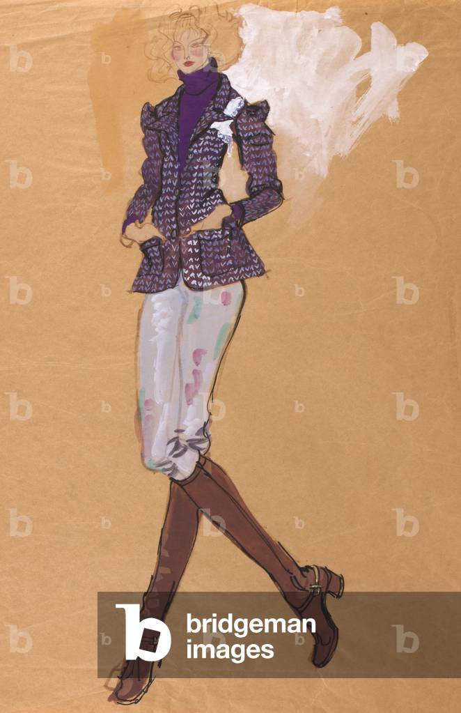 Modelling a purple, dog tooth jacket (pen, brush, ink, w/c & gouache on tan paper)