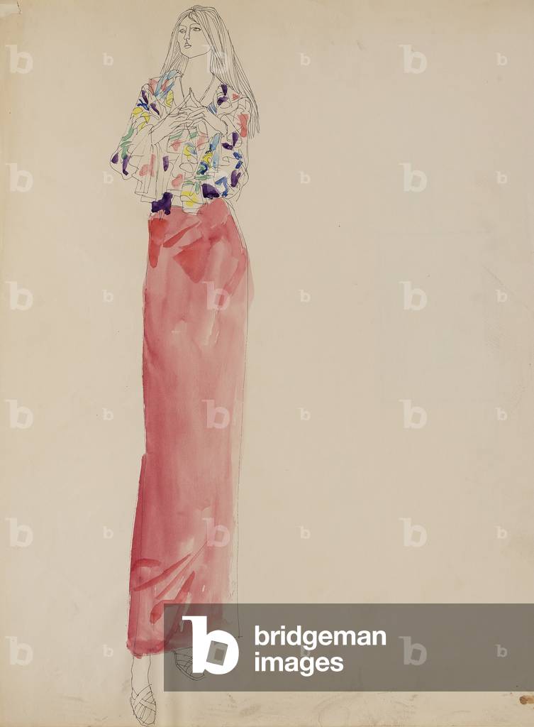 Modelling a pink evening dress, c.1975 (pen, brush, ink & w/c on paper)