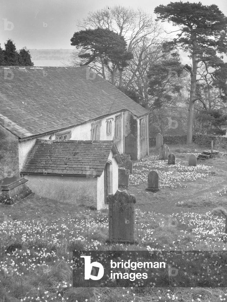View of Cartmel Fell church; architecture; religious; ecclesiastical; and graveyard, 1930s-60s (b/w photo)