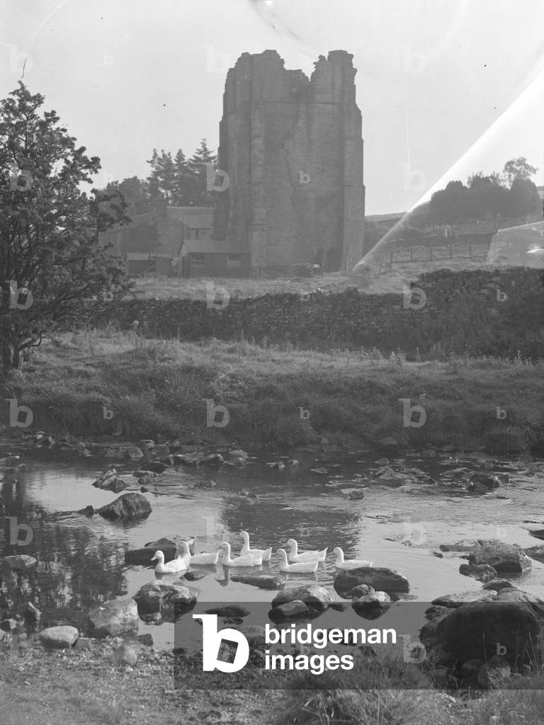 View of Shap Abbey Remains, stream with ducks on in foreground, 1930s-60s (b/w photo)