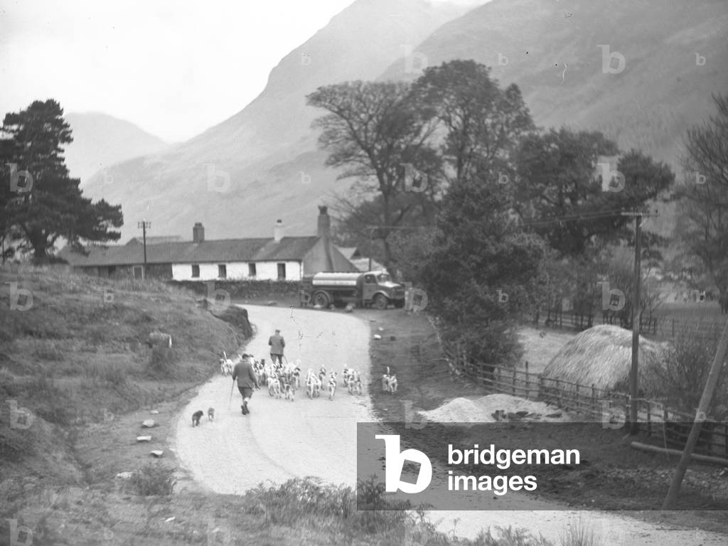 Two men walking on foot with hounds heading towards a building, fells in background, 1930s-60s (b/w photo)