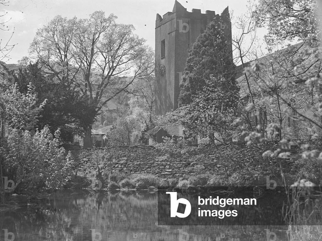church; architecture; religious; ecclesiastical; with pond in foreground, 1930s-60s (b/w photo)