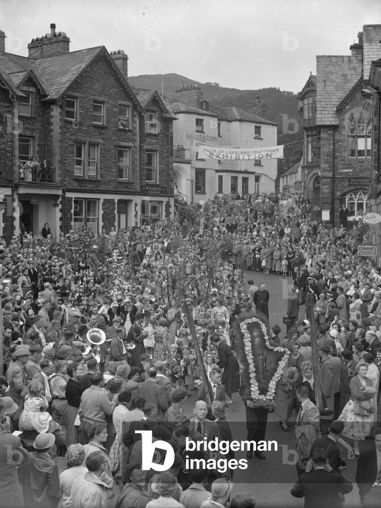 Crowds watching rushbearing festival at Ambleside, 1930s-60s (b/w photo)