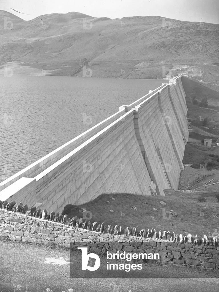 View of Haweswater dam with reservoir behind, 1930s-60s (b/w photo)
