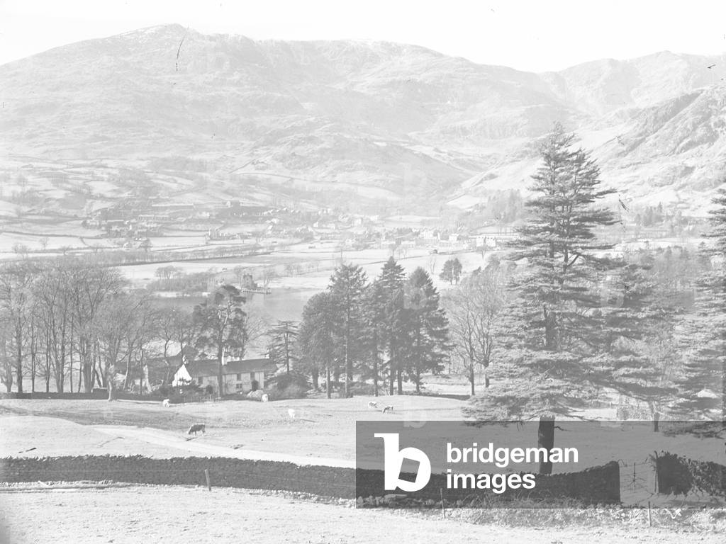 Trees and fields in foreground with Coniston ater and Village beyond, 1930s-60s (b/w photo)
