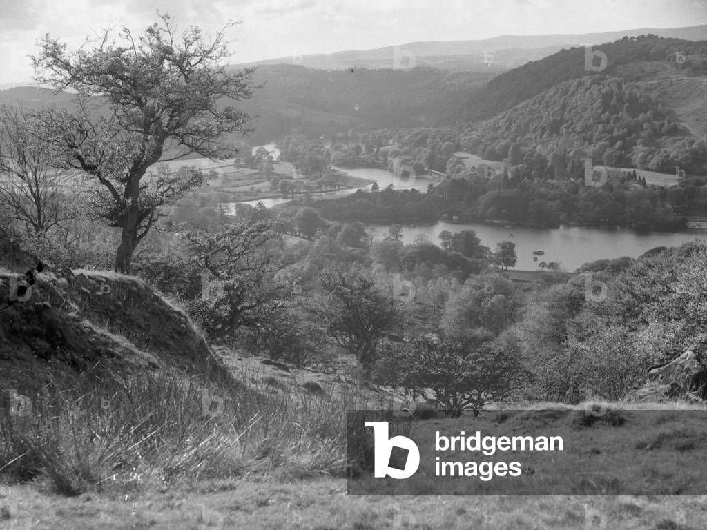 A view across a lake, woodland and hills, 1930s-60s (b/w photo)