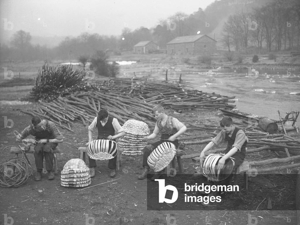 Basket makers at Backbarrow manufacturing spales baskets, 1930s-60s (b/w photo)