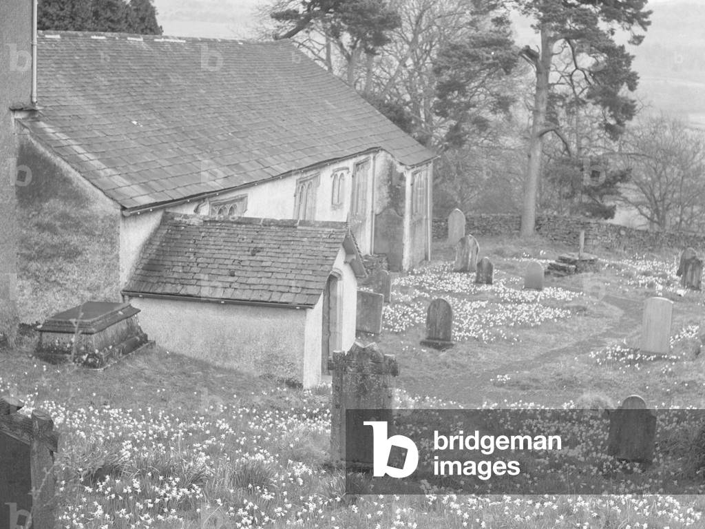 View of Cartmel Fell church; architecture; religious; ecclesiastical; and graveyard, 1930s-60s (b/w photo)