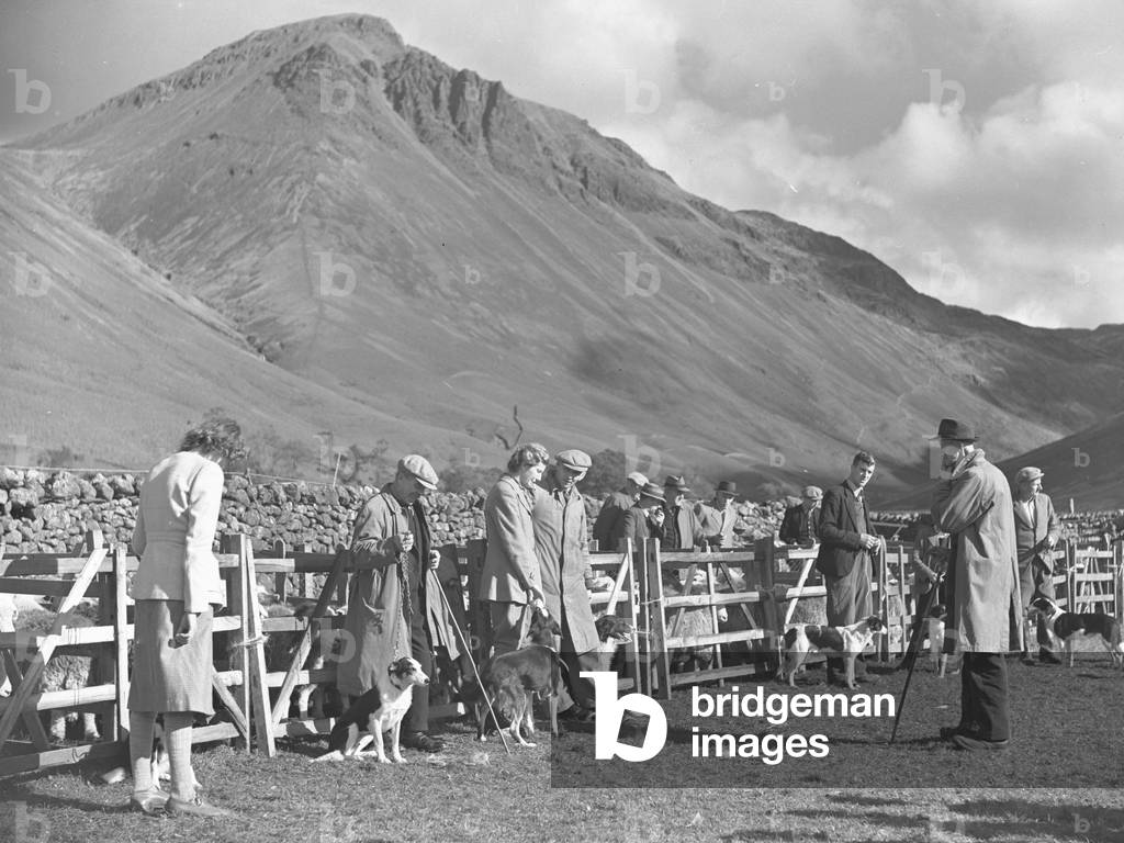 Judging of a sheepdog? competition at Wastwater, fells in background, 1930s-60s (b/w photo)