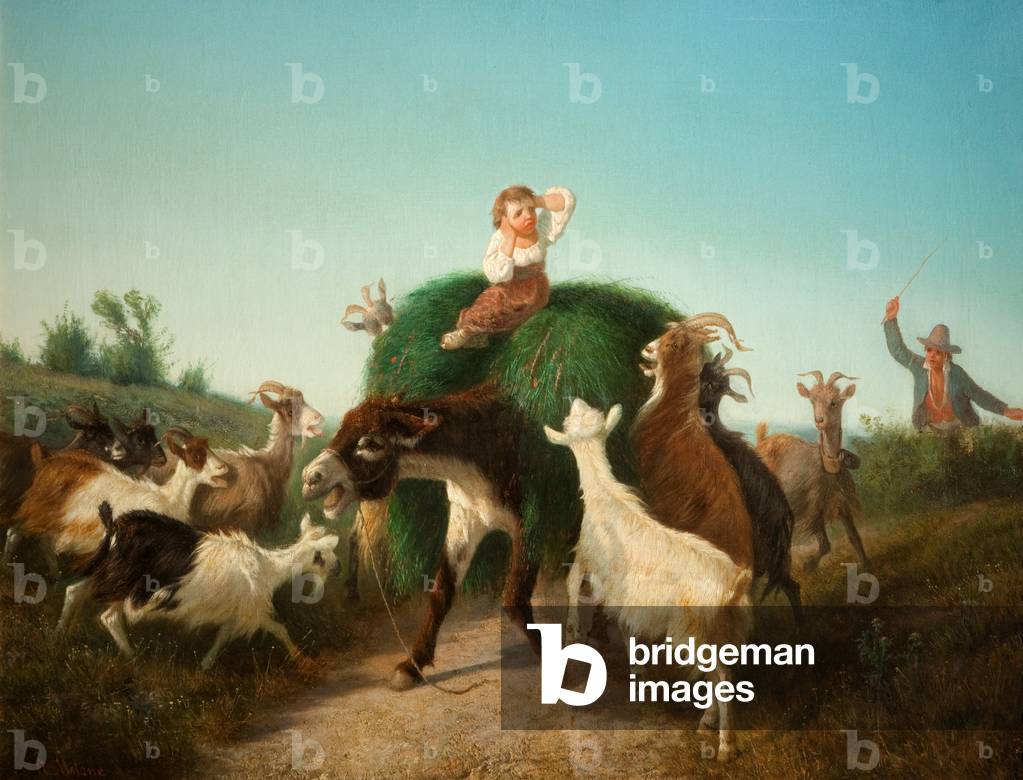 Italian Child with Donkey and Hay (oil on canvas)