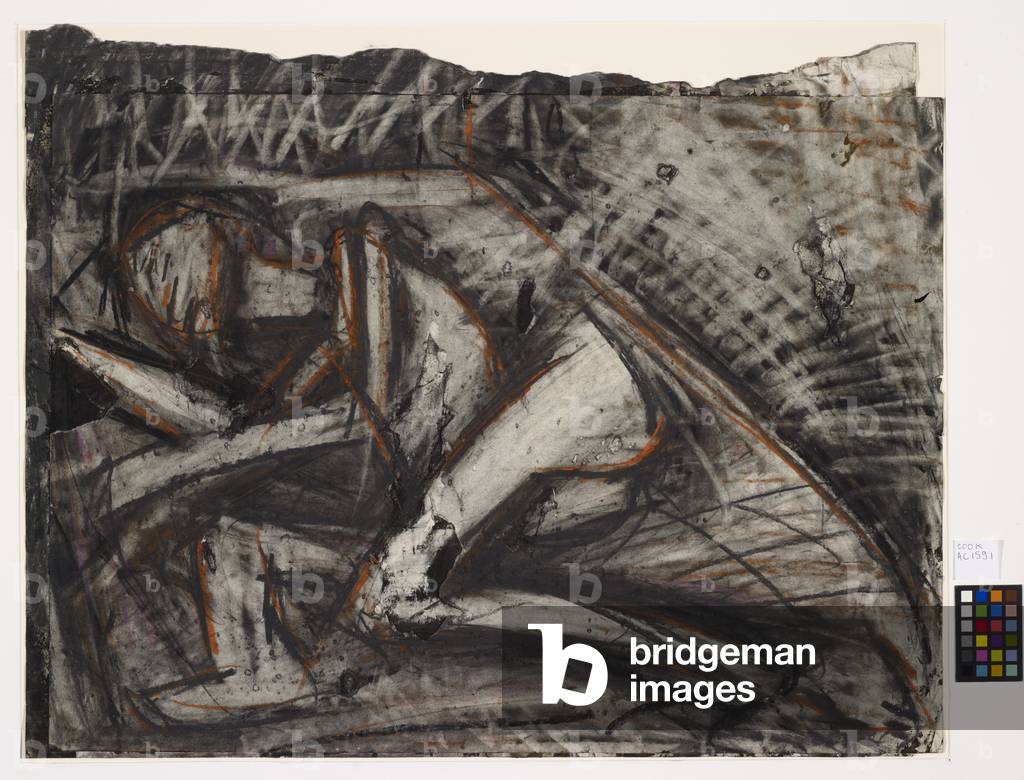 Nude on a bed II, 1974 (charcoal and chalk on paper)