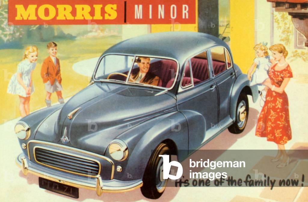 Morris Minor postcard advertisement, 1950s (colour litho)
