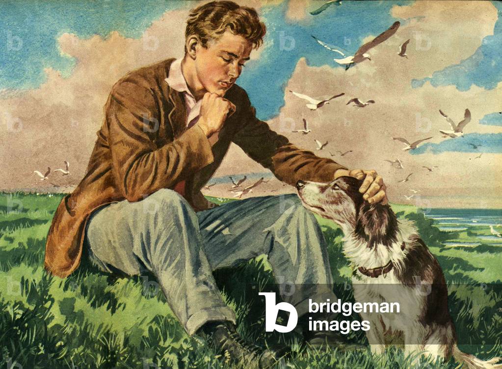 Boy with his dog, illustration from 'John Bull' magazine, c.1953 (colour litho)
