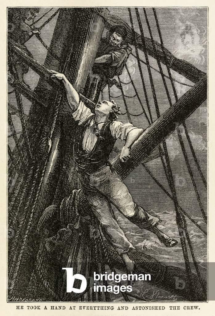 He took a hand at everything and astonished the crew, from 'Around the World in Eighty Days' by Jules Verne (1828-1905) engraved by Henri-Théophile Hildebrand (1824-97), 1873 (engraving)